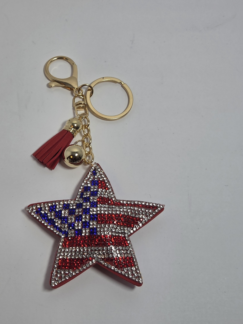 Gold-Tone Star Keychain with Red, White & Blue Crystal Accent
